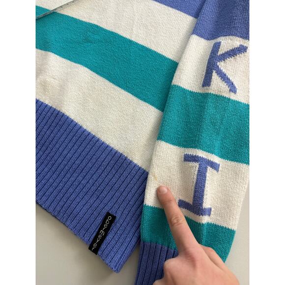 Obermeyer apres ski winter snow crew neck sweater blue teal white stripes - Picture 6 of 6